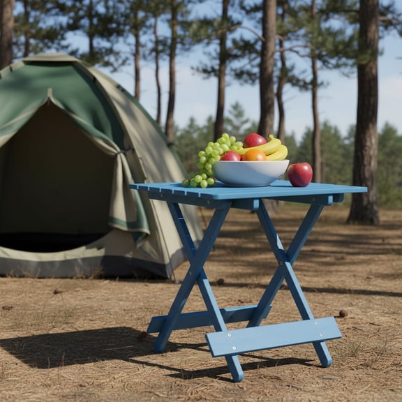 Folding Square Table Patio Outdoor solid wood Table for Backyard, Balcony, Portable Design Space-Saving Blue Color