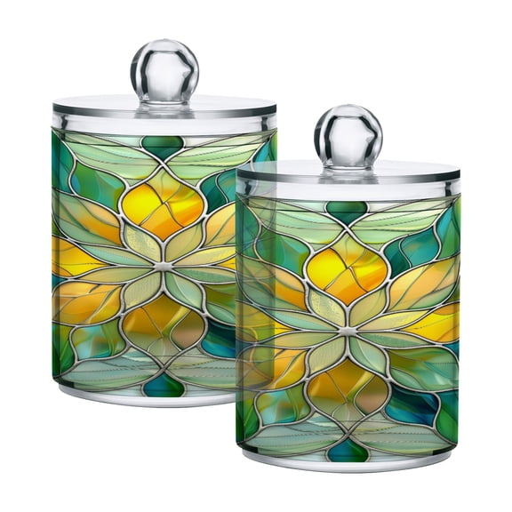 2 Pack Abstract Yellow Green Floral Stained Glass Qtip Holder Dispenser Clear Plastic Storage Apothecary Jars for Cotton Swabs Balls Pads Floss