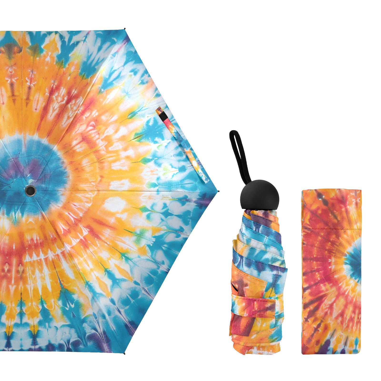 JSTEL Tie Dye Rainbow Color Folding Umbrella for Rain Sun Travel Mini Lightweight Compact Umbrellas