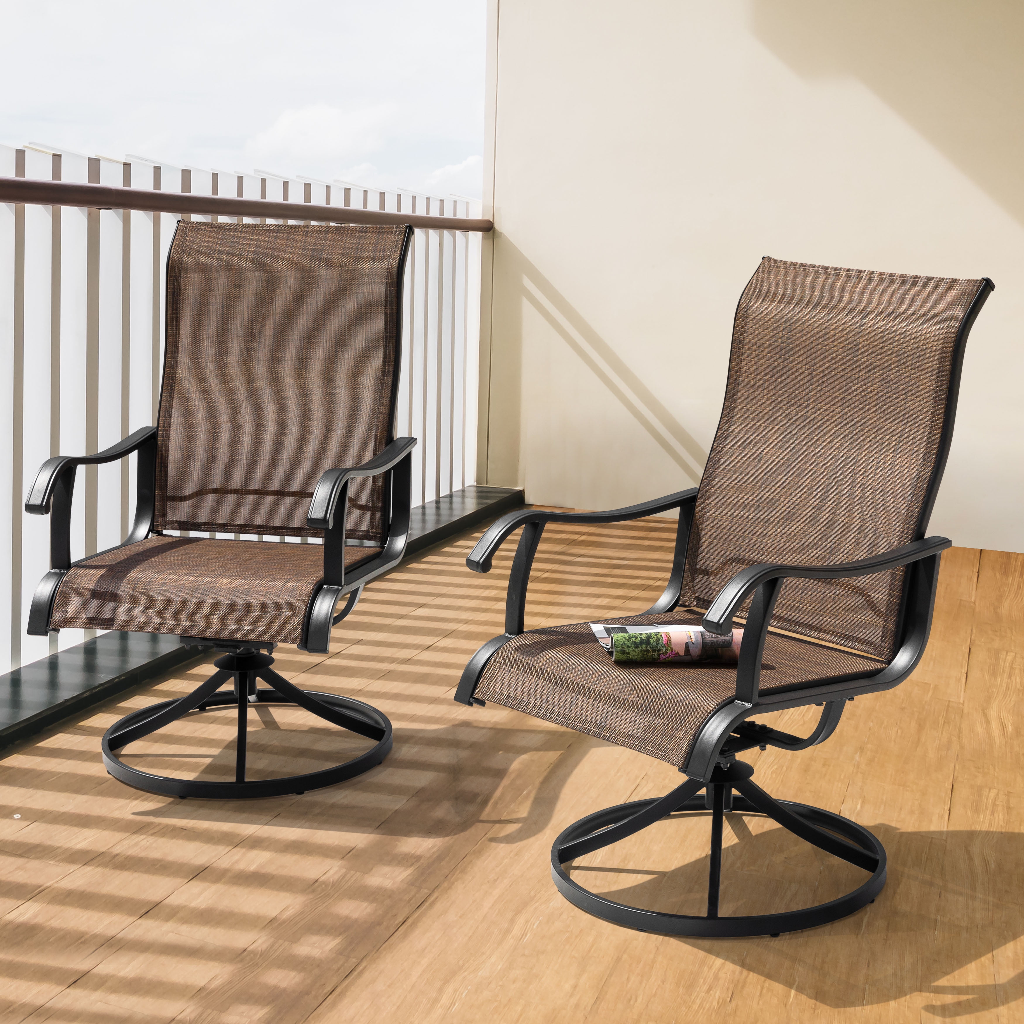 Nuu Garden Patio Dining Chairs, Swivel Patio Sling Chairs Set of 2 All-Weather Textilene Outdoor Chairs with Iron Frame for Outdoor Lawn Garden Backyard, Brown
