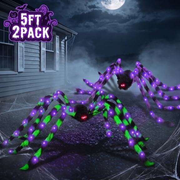 HiberyHom Halloween Decorations Outdoor, 5Ft Giant Spider Light Up Spider, 2 Pack Scary Large Halloween Spider Decor for Home Party Favor Yard Decor