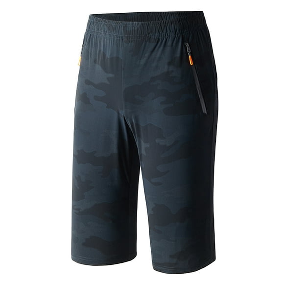 SWSMCLT Men's Athletic Long Shorts Elastic Waist Quick Dry Capri with Zipper Pocket Hiking Running Gym Summer Below Knee Length Navy 30
