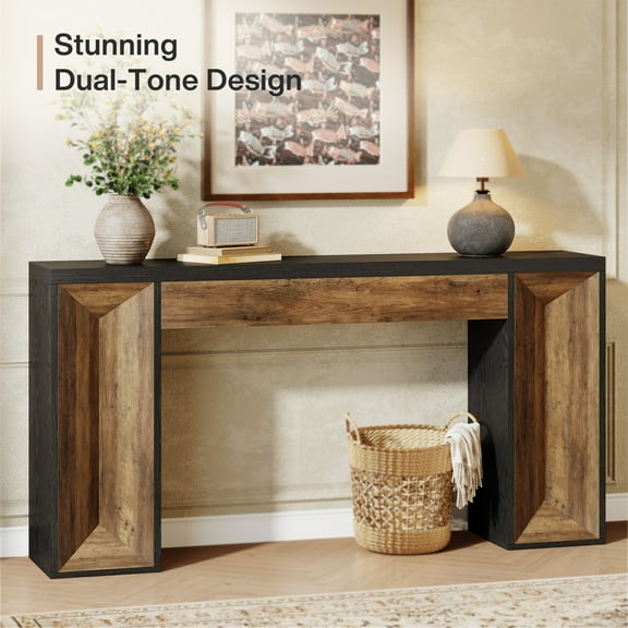 Finmind Farmhouse Console Table, 63-Inch Long Entryway Table with Dual-Tone Design for Living Room, Black and Brown