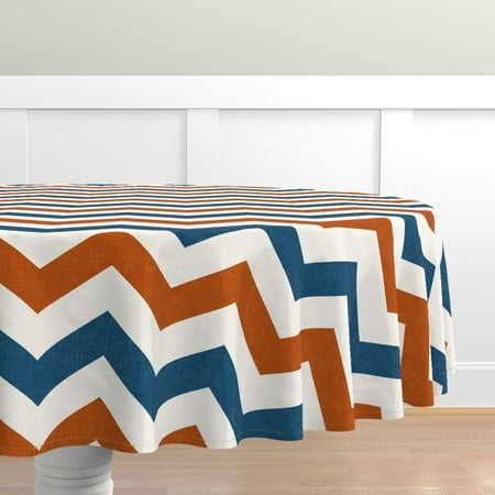

Cotton Sateen Tablecloth 90 Round - Rust Chevron Burnt Orange Blue Look Baby Boy Nursery Bold Stripe Navy High Print Custom Table Linens by Spoonflower
