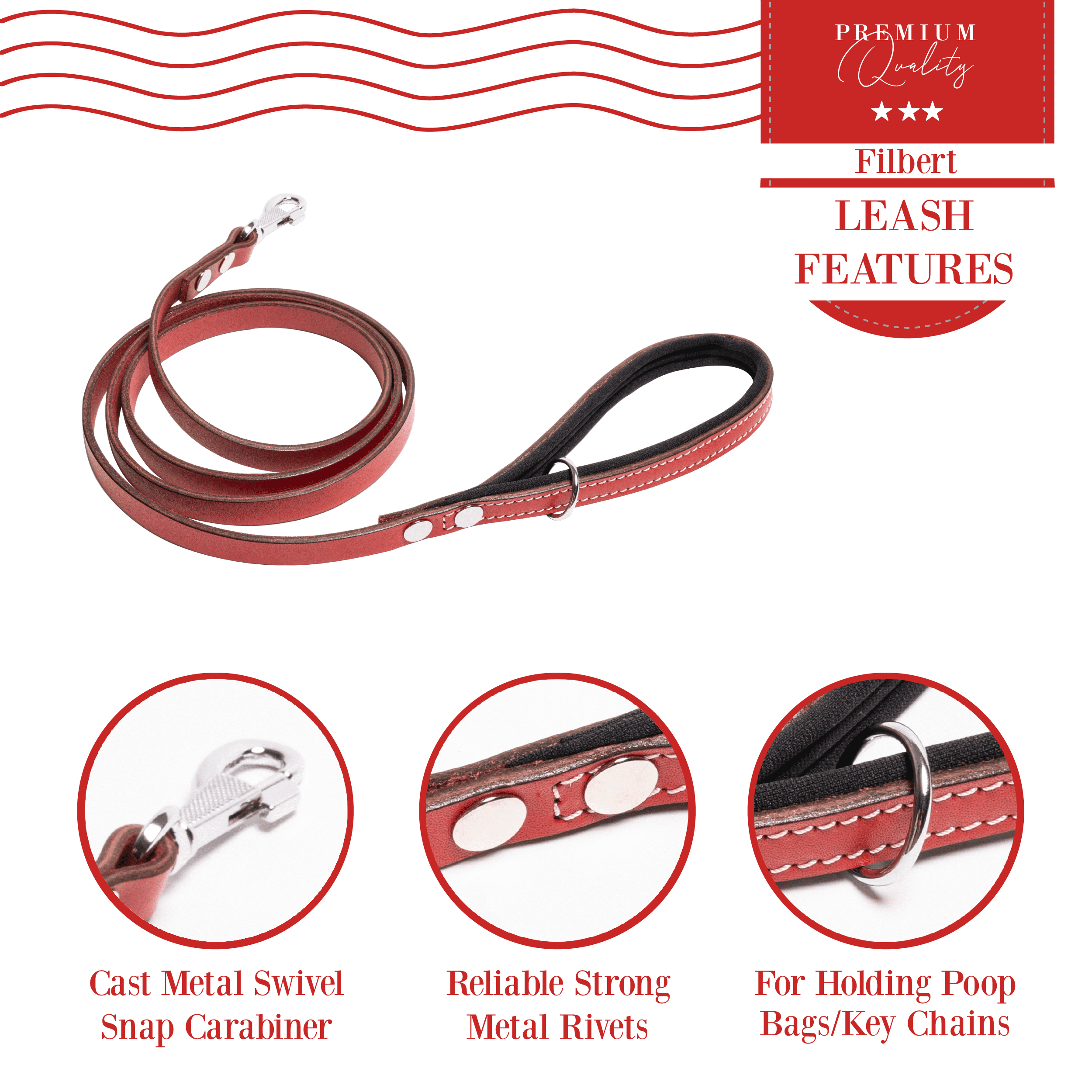 Filbert Genuine Leather Dog Leash, Strong Leather Leash for Small, Medium, Large Breed Dogs, 5.3ft, Soft and Comfortable, Durable, Heavy Duty, Red
