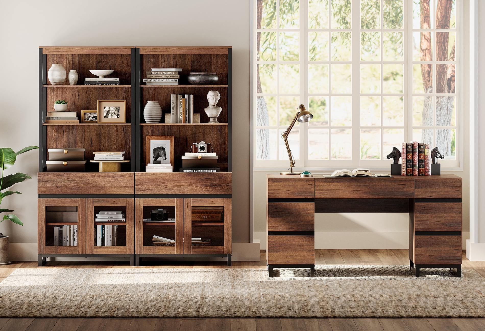 WAMPAT Home Office Furniture Set: 59in Modern Executive Desk with Charging Station & Drawers and Two 72in Tall Bookcases with Storage Cabinet, Home Office Furniture for Living Room, Brown