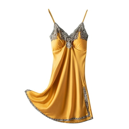

Leesechin Clearance Womens Sleepwear Dress Satin Sling Skirt Dress Lace Nighties Home Wear Pajamas Nightdress Yellow XL