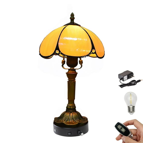 Kiven Cordless Table Lamp,1-Light Dimmable Bedside Lamps for Nightstand with Pink Glass Lampshade, Tiffany-Style Rechargeable Desk Lamp for Reading Home Decor Bedside TD0776
