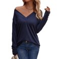 thumbnail image 2 of Long Sleeve Shirt for Women Fall Outfits Dressy Casual Fashion Clothing V Neck Tunic Tops with Button Navy Blue S, 2 of 8