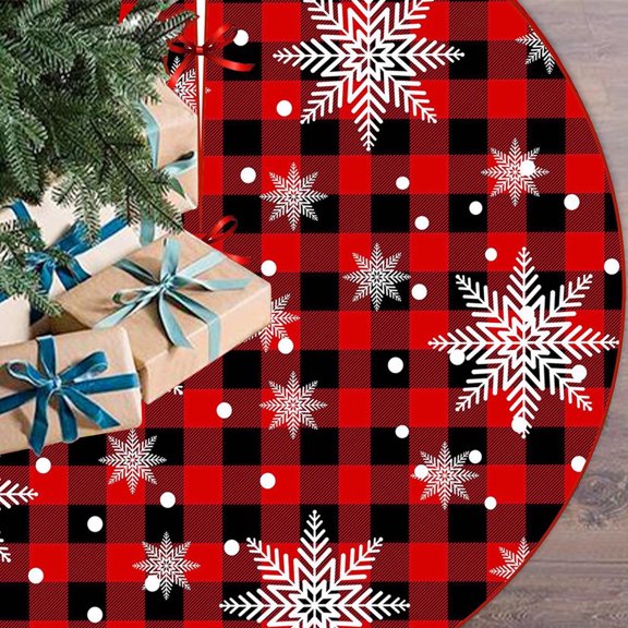 KCEHTA Christmas Tree Skirt 36 Inch Red and Black Buffalo Plaid Tree Skirt Cute Snowflake Themed Xmas Tree Skirt Rustic Christmas Decorations for Home Office Winter Party Decor