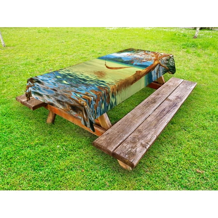 Hammock Table Beach Outdoor Tablecloth, Image of Hammock Hanging between Trees in the Tropical Lake Paradise Lands Art Work, Decorative Washable Fabric Picnic Tablecloth, 58 X 104 Inches, Multicolor, by Ambesonne ()