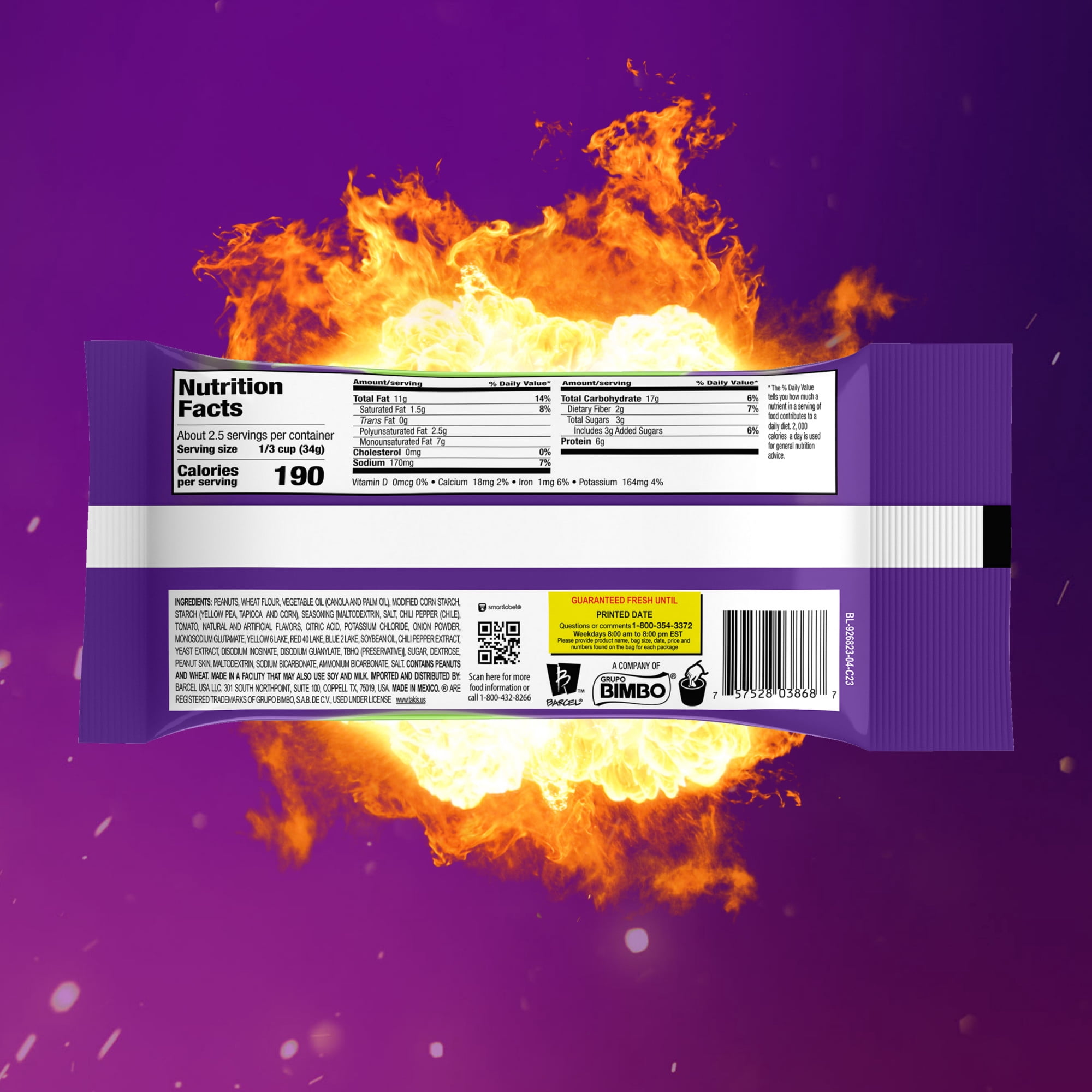 Takis Smokin' Lime Hot Nuts 3.2 oz Snack Size Pouch, Lime & Chipotle Double-Crunch Peanuts