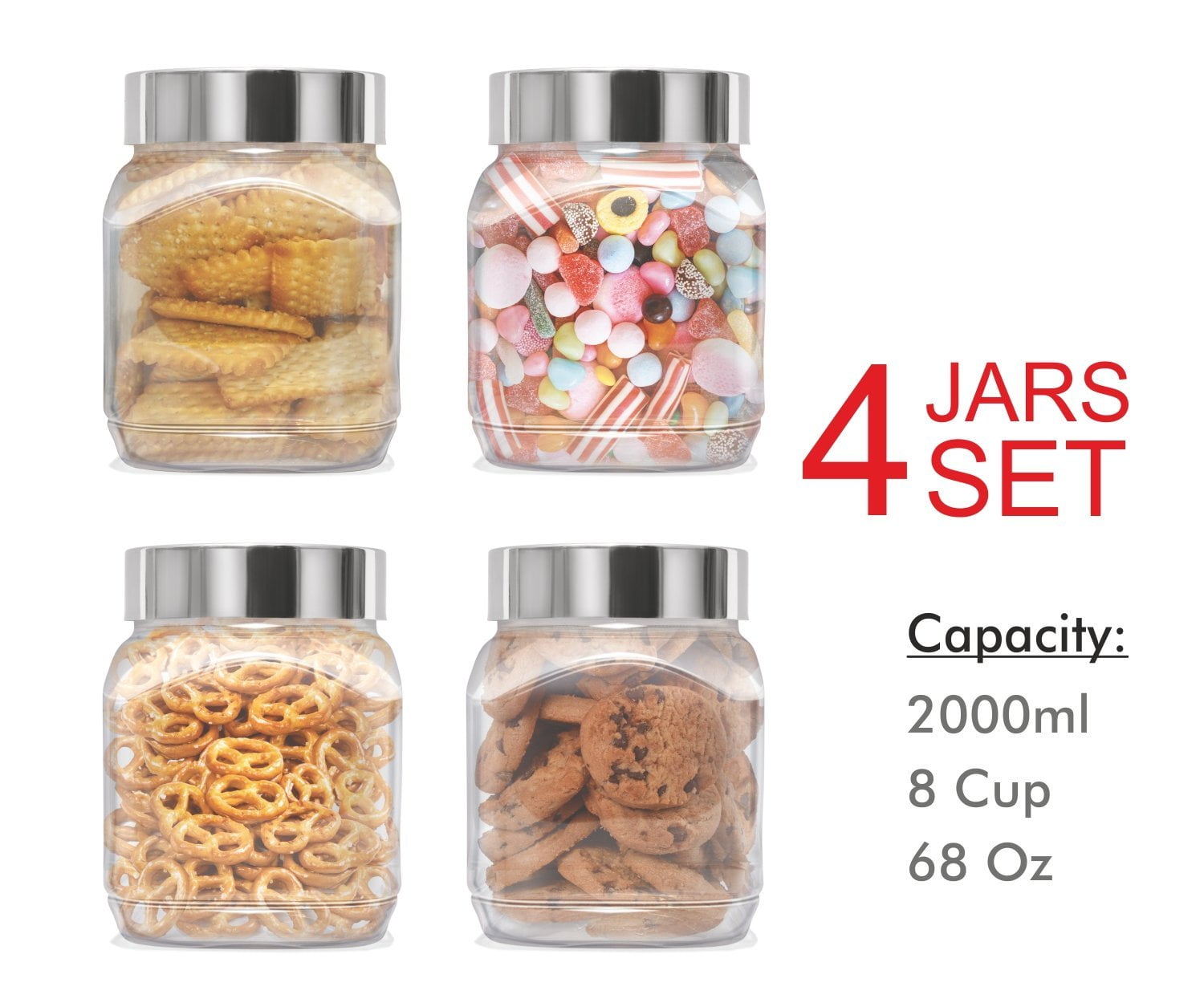 Plastic Jars Set Milton Food Storage Containers Clear Square Lightweight Pet Canisters Airtight Lids Caps 67 Oz 4 Pack