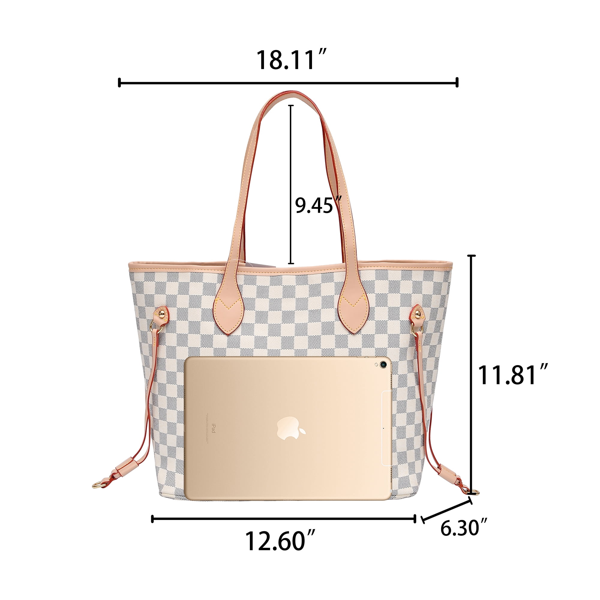 Womens White Checkered Tote Shoulder Bag Purse With Inner Pouch