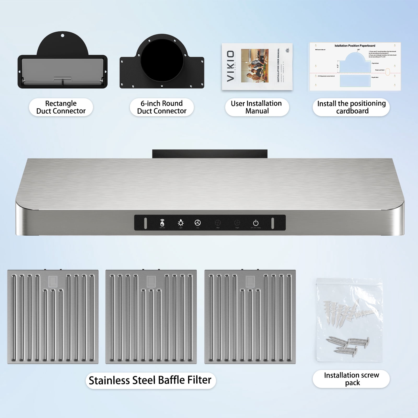 VIKIO 36 inch Under Cabinet Range Hood 900CFM, Ducted 3 Speed Exhaust Fan, Touch Panel, Stainless Steel