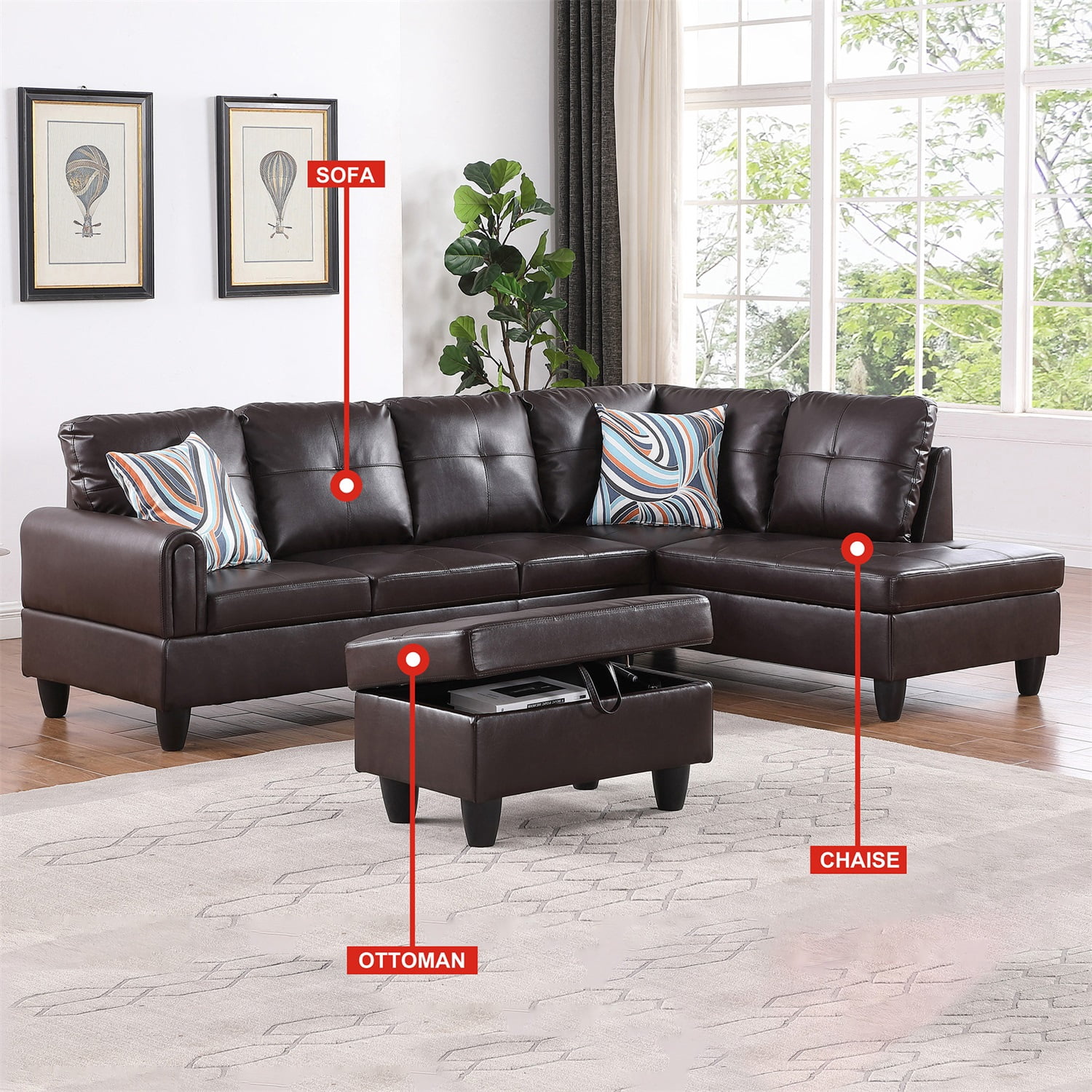 Hommoo Faux Leather 4-Seat Couch, L Shaped Sectional Couches and Sofas, Modern Living Room Furniture Sets Sectional Sofa Set, Brown(No Ottoman)