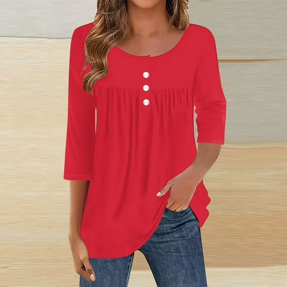 EchfiProm Shirts for Women Crew Neck Tops Red Winter Blouse 3/4 Sleeve Tunic Womens Solid