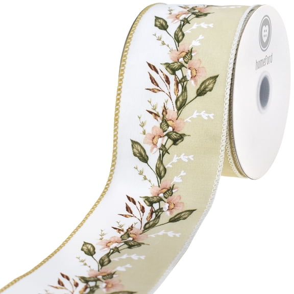 HOMEFORD Split Stripe Floral Garland Wired Ribbon, 2-1/2-inch, 10-yard, Tan