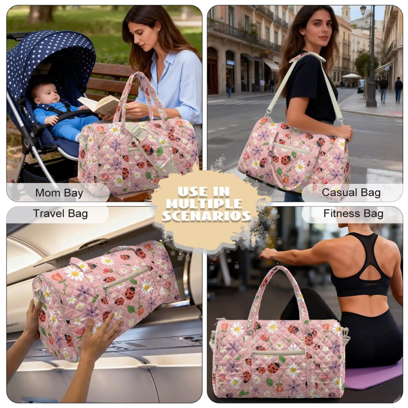 Garronmavis Pink Ladybug Floral Large Quilted Duffle Bag for Women, Weekender Travel Bag Overnight Bag Carry On Gym Dance Tote with Zipper Pockets, Luggage Sleeve Compatible