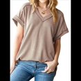 thumbnail image 1 of Blusa Informal de Verano para Mujer, de Corta, con Cuello en V, de Punto, Holgada, , Elegante. Camello XL, 1 of 8