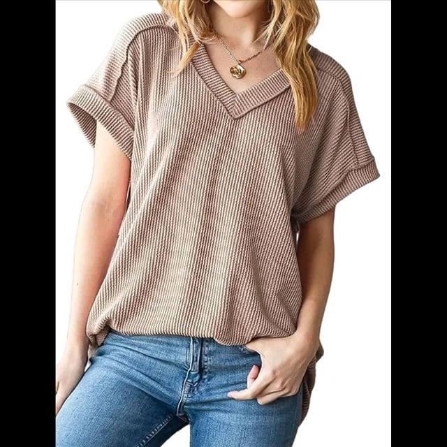 Blusa Informal de Verano para Mujer, de Corta, con Cuello en V, de Punto, Holgada, , Elegante. Camello XL