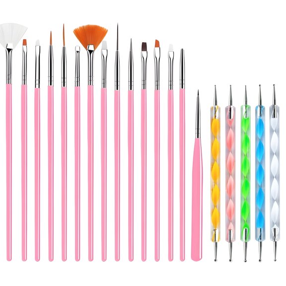 CCOCC 20-Piece Professional Nail Art Brushes Set,Dotting Tools,Dust Brush,Nail Drawing Pen for Manicure and Detailed Designs(Pink)