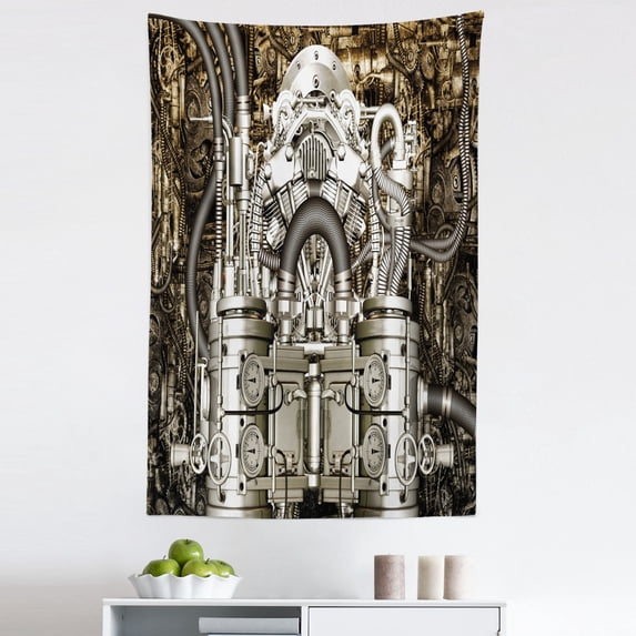 Grey Tapestry, 2 Cylinder Engine Engineer Bikes and Cars Lovers Inspired Image Photo, Fabric Wall Hanging Decor for Bedroom Living Room Dorm, 5 Sizes, Grey and Dark Brown, by Ambesonne