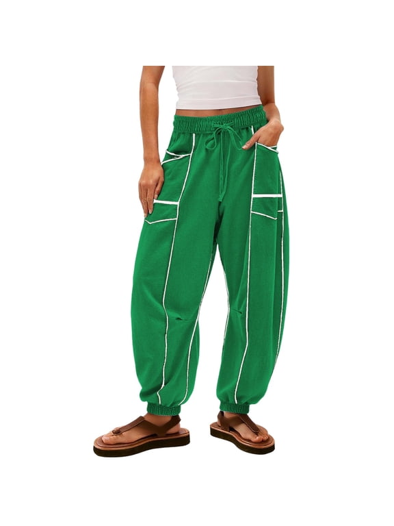 Barrel Sweatpants for Women High Waisted Wide Leg Lounge Pants Elastic Waist Drawstring Trousers, Contrast Patchwork Palazzo Pant, Casual Baggy Pants with Pockets, For Daily Wear