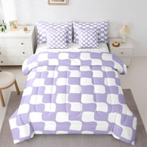 Homewish Geometric Plaid Grid Bedding Comforter Set 7pcs for Kids Teens,Purple White Queen Bedding Sets Super Cozy,Mid Century Queen Sheet Sets,Breathable Home Decor,Reversible