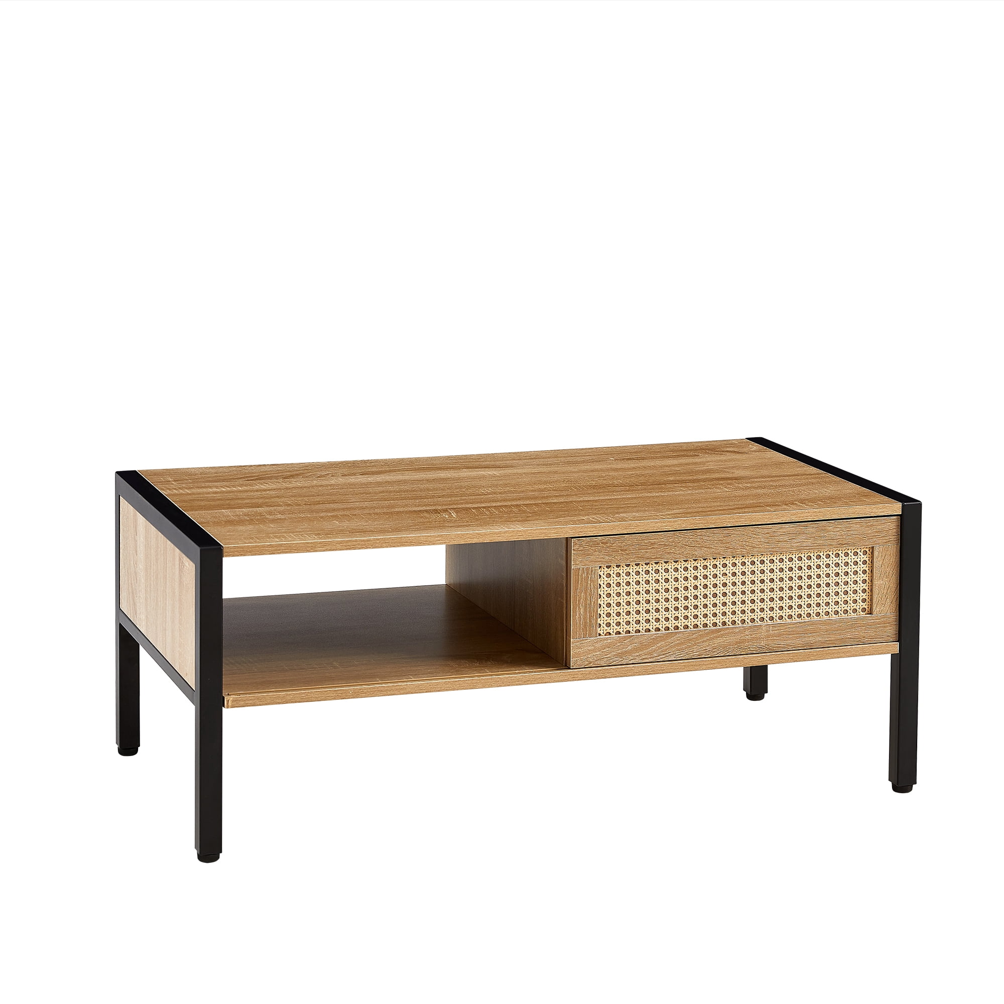 Euroco 40.16" Rattan Coffee table, sliding door for storage, metal legs, Modern table for living room , natural