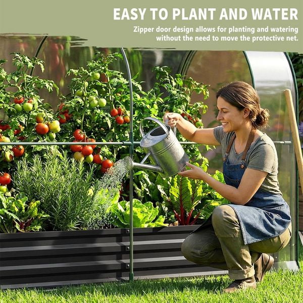 SLSY Galvanized Raised Garden Bed with PVC Cover,Metal Planter Bottomless Box w/ Roll-Up Window,Mini Greenhouse Tent for Vegetables Flower Fruit