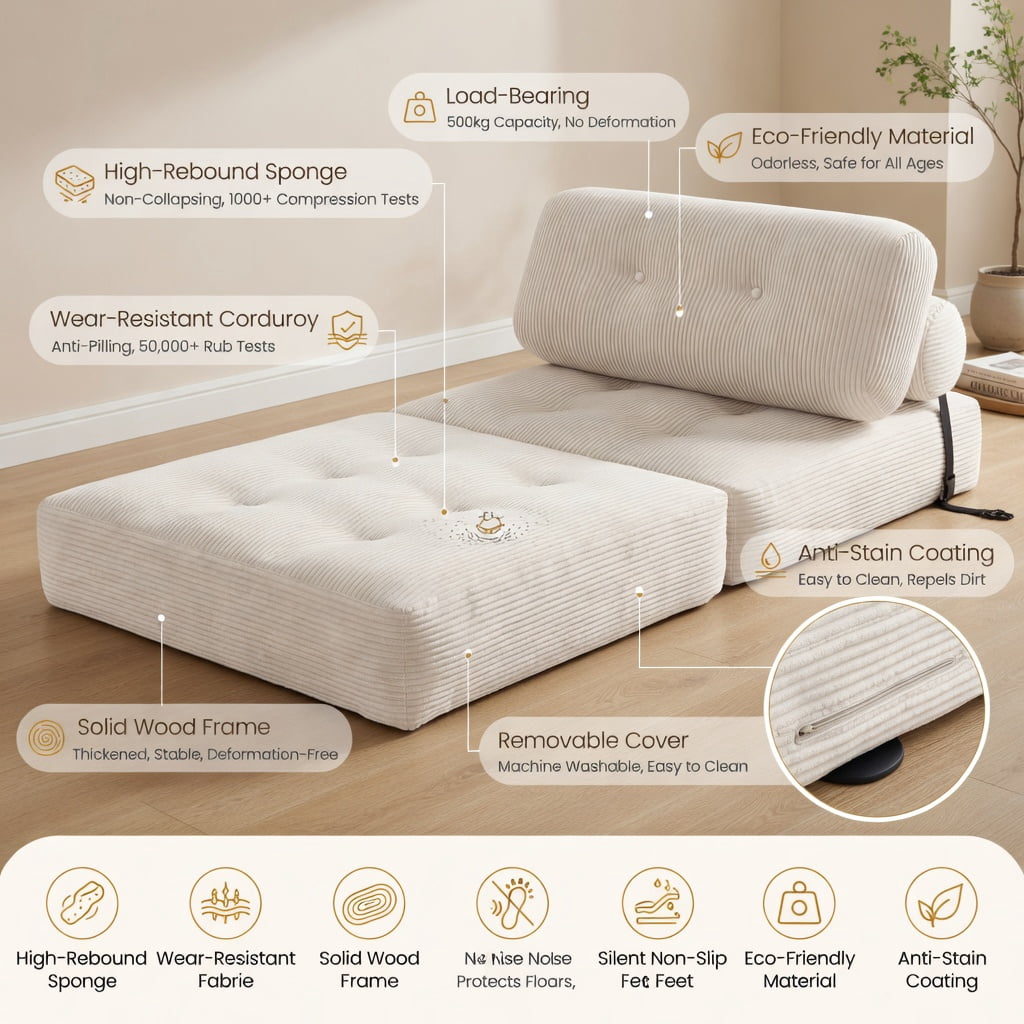 Hommoo 3-in-1 Folding Sofa Bed with Pillow & Back Support, Corduroy Upholstered Convertible Loveseat for Living Room, Guest Room, Beige