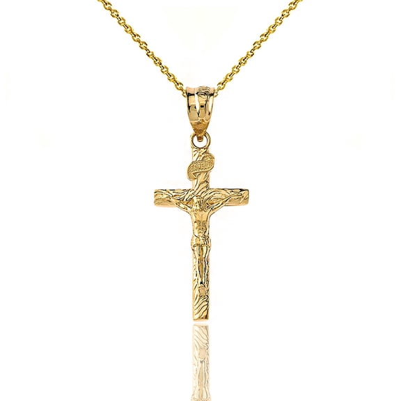10k Yellow Gold Crucifix Pendant Jesus Cross Necklace (1.18") SMALL (16 Inches)