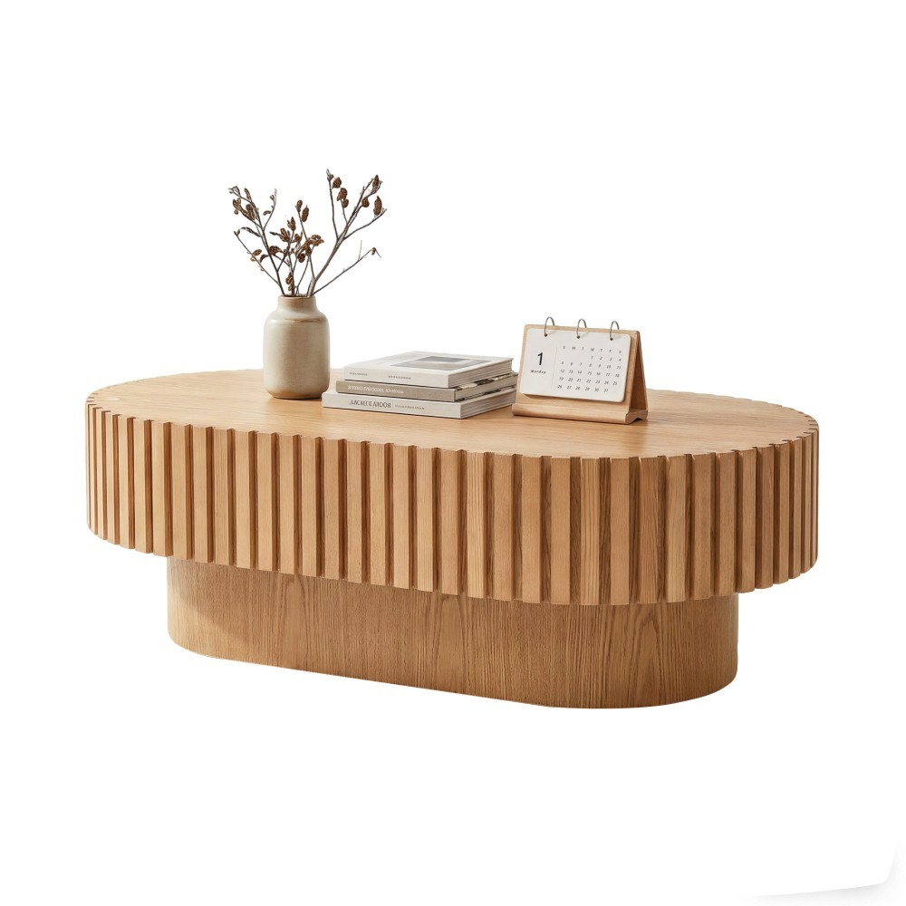 Oval Coffee Table, Mid Century Modern Fluted Coffee Table with Pedestal, Natural Wood Center Table for Living Room, Apartment, Office, Small Space