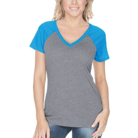 - Kavio! Women Sheer Jersey Contrast V Neck Raglan Short Sleeve Dark H.Gray/Island Blue L