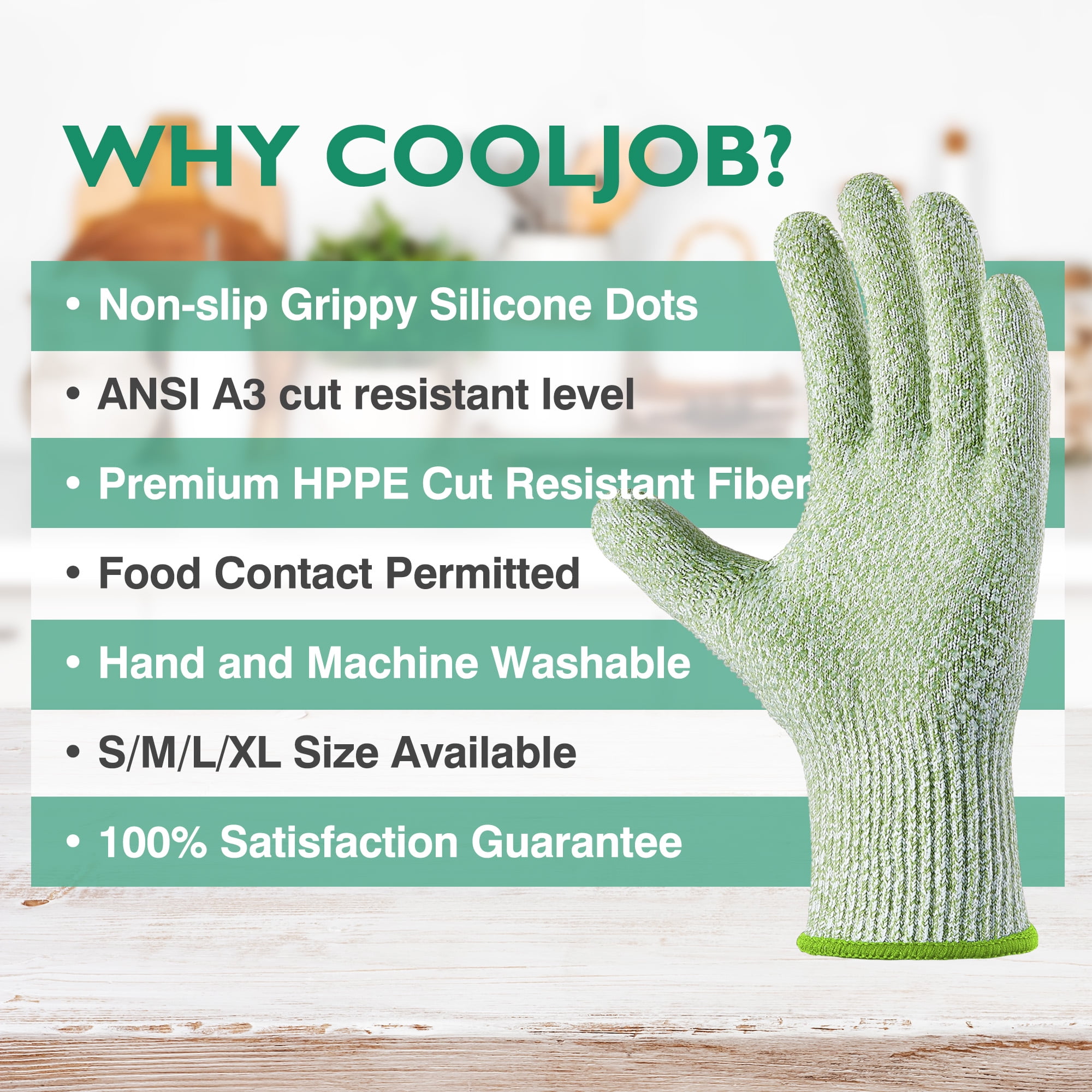 EvridWear Cut Resistant Work Gloves with Grip Dots - Level 5 Protection for  Kitchen and Construction, 1 Pair, Medium, Green 