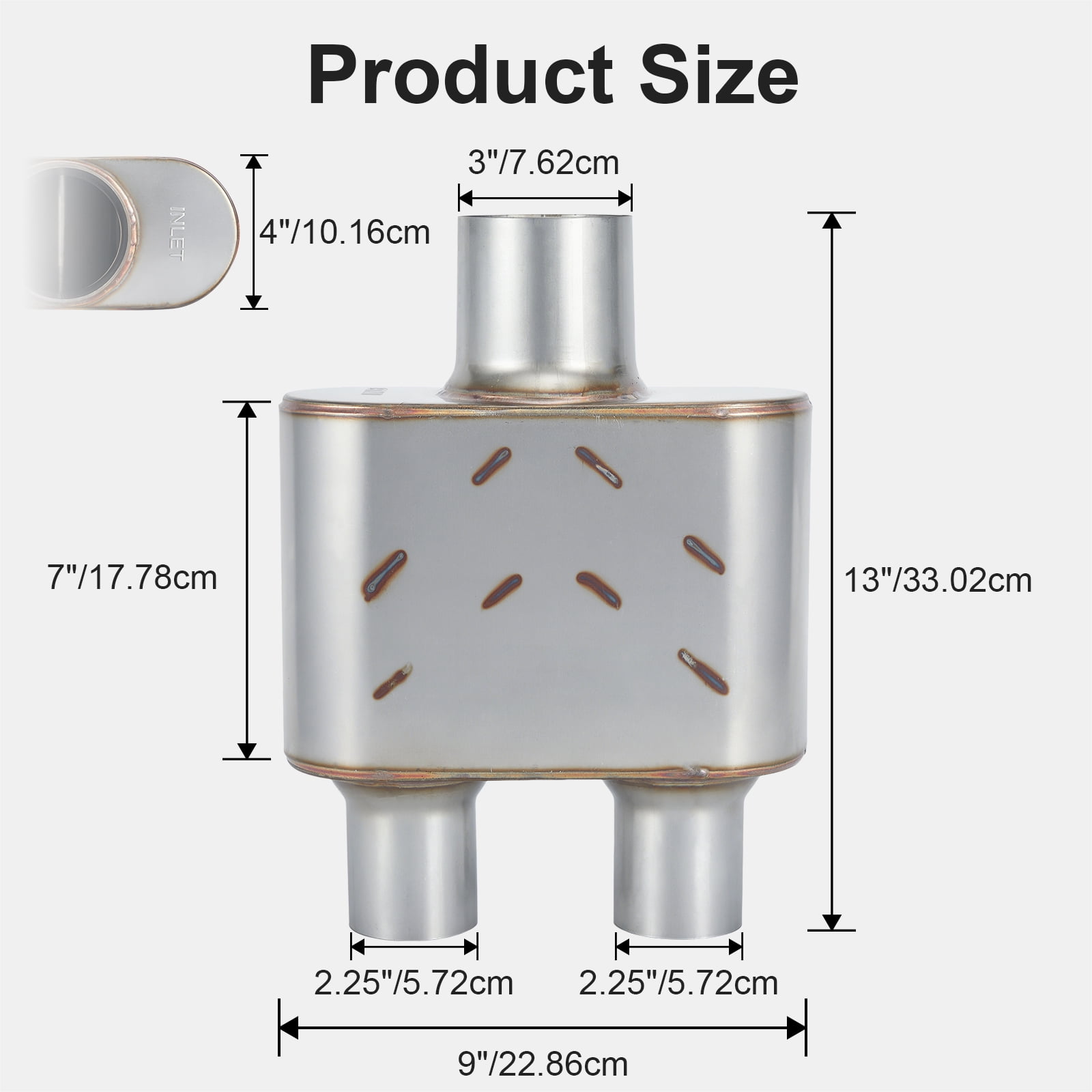 Universal Exhaust Muffler, Single Chamber Performance Muffler for Cars Trucks, Stainless Steel, 3" Center Inlet 2.25" Dual Outlet, Overall Length 13"