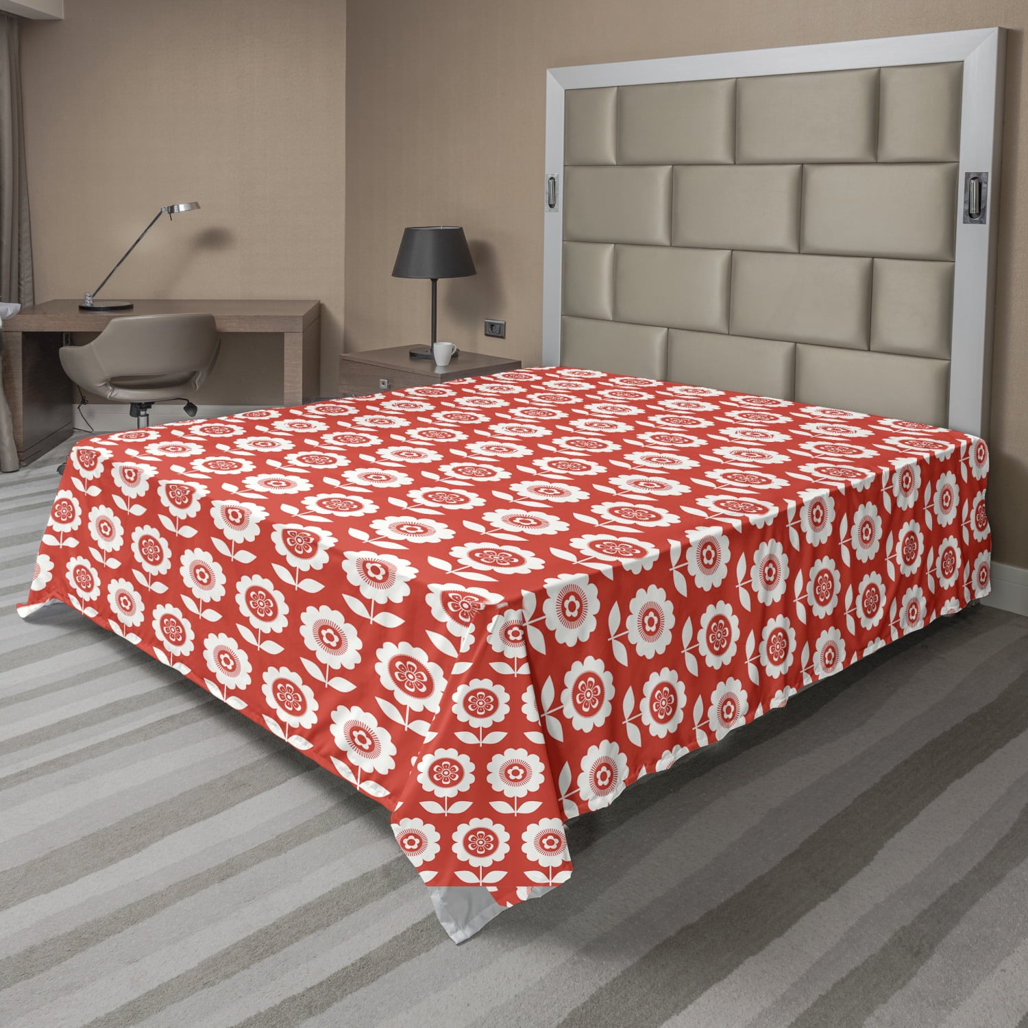 Floral Flat Sheet, Flowers and Leaves Motifs in Repeat with Geometric Petals Inside, Soft