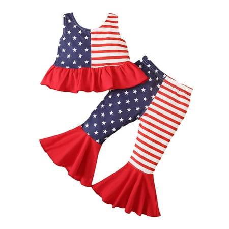 

TAIAOJING Baby Girl Summer Outfit Clothes Set Toddler Girls Sleeveless Independence Day 4 Of July Star Striped Printed Vest T Shirt Tops Bell Bottoms Pants Kids Outfits 2-3 Years