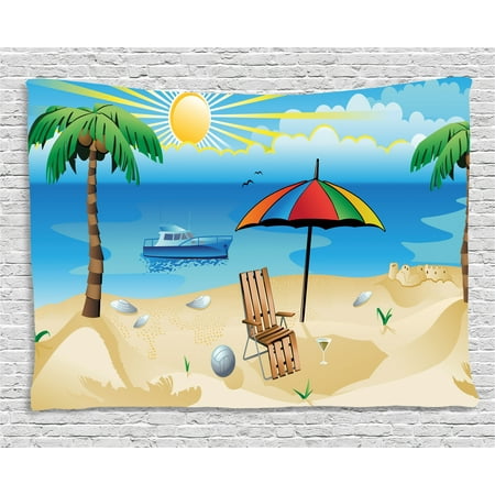 Rainbow Beach Umbrella - Beach Tapestry, Colorful Cartoon Style Coast Pattern Boat Rainbow Umbrella Open Skyline Palm Tree, Wall Hanging for Bedroom Living Room Dorm Decor, 60W X 40L Inches, Multicolor, by Ambesonne