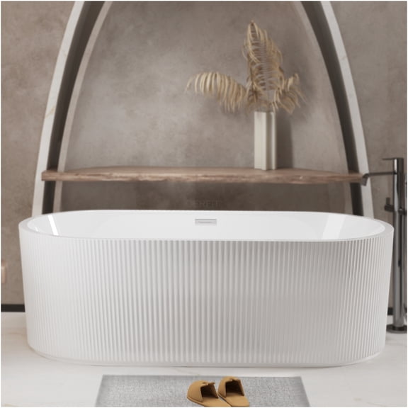 JERFIT 59 Inch Gloss White Freestanding Acrylic Soaker Tub, Modern Standalone Bathtub with Pop-Up Drain, cUPC Certified