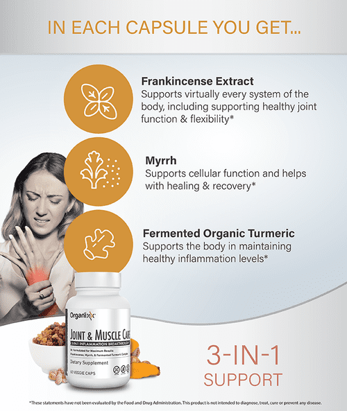 Organixx Joint & Muscle Care Joint Support Supplement 3-in-1 Inflammatory Support Formula with Turmeric, Frankincense & Myrrh, Helps with Flexibility, 60 Capsules