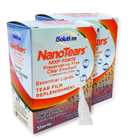 NanoTears MXP Forte Preservative Free Clear Emollient Lubricant Gel Eye Drops, 32 Single Use Vials, 2-Pack