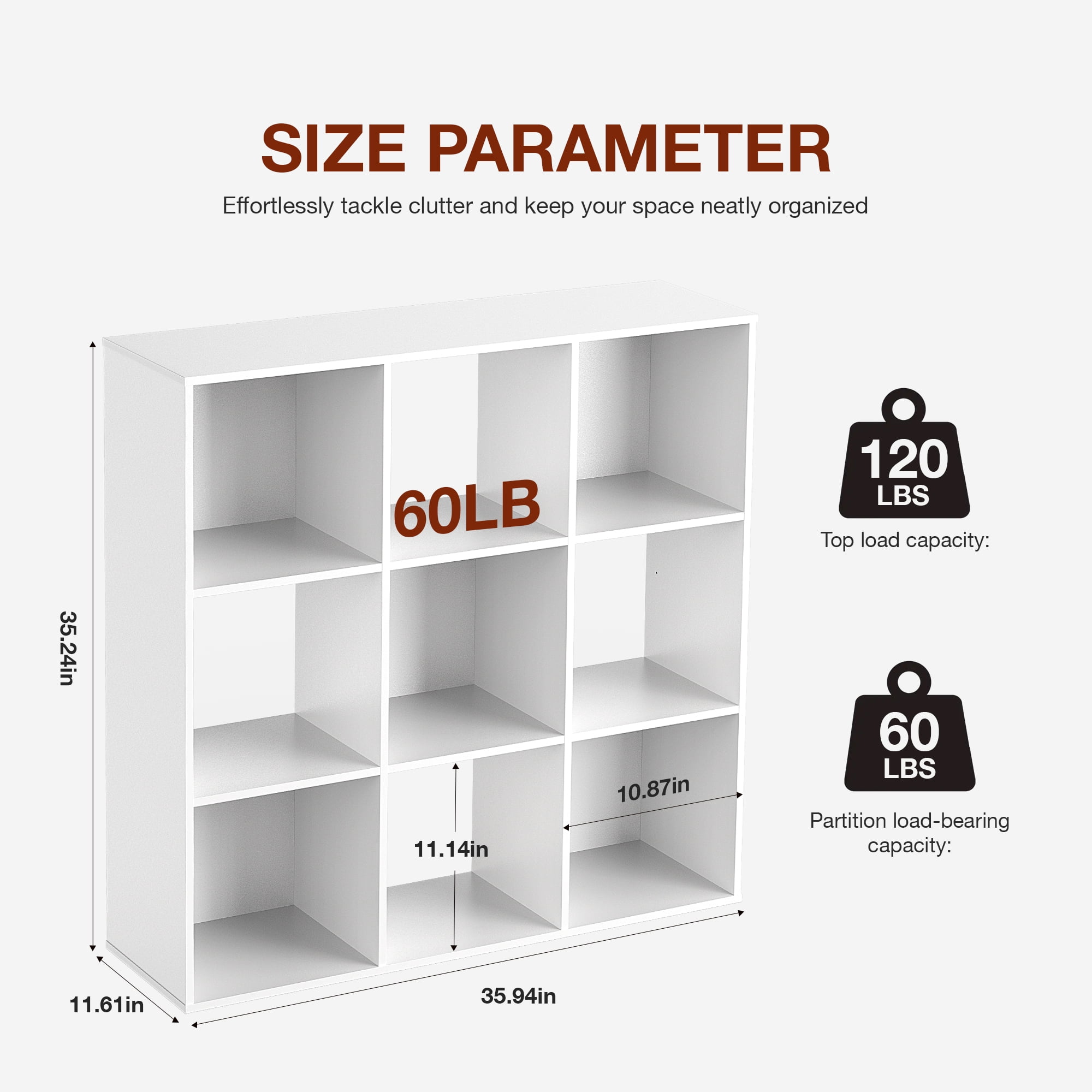 MCQ 9 Cube Storage Organizer, Open Bookshelf with 3 Removable Back Panels for Living Room, Bedroom, Home Office，36"L x 11.6"W x 36"H, White