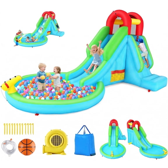 Inflatable Bounce House with 322W Blower, Kid Bounce House with Large Pool/Ball Pit, Water Slide with Water Cannon, Climbing Wall, Bouncy Castle for 2 Kids