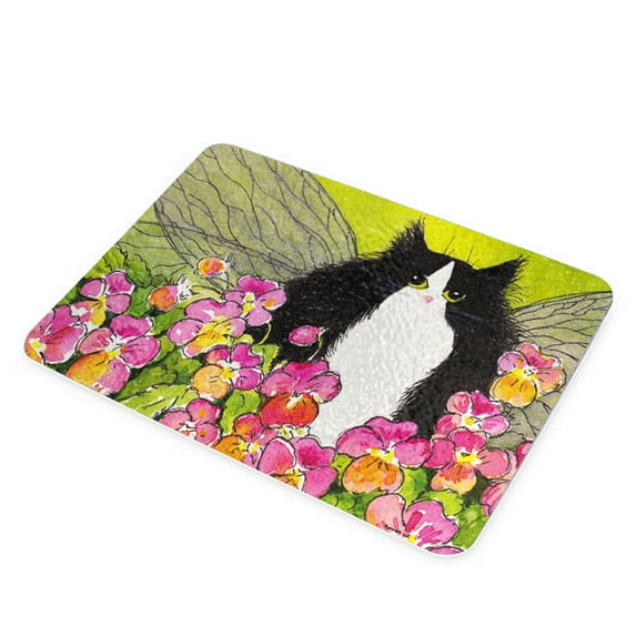 KuzmarK Glass Cutting Board - Tuxedo Maine Coon Kitty Fairy with Pansies Cat Art by Denise Every