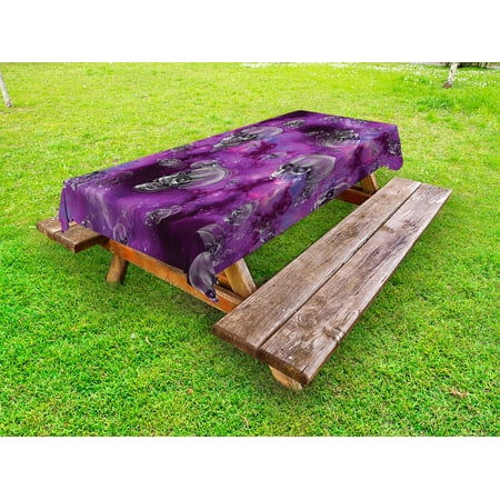 

Skull Outdoor Tablecloth Horror Movie Thirller Themed Flying Skull Heads Halloween in Outer Space Image Decorative Washable Fabric Picnic Tablecloth 58 X 104 Inches Black and Purple by Ambesonne