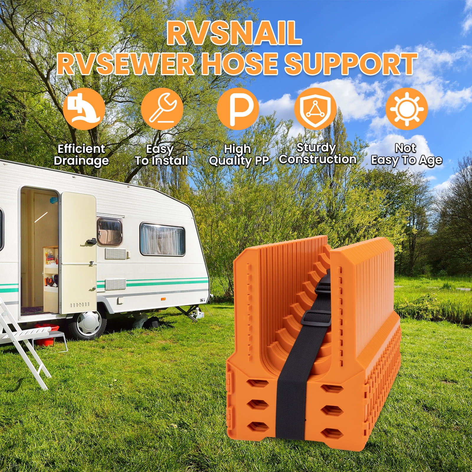 RV Sewer Hose Support, 15FT Adjustable RV Hose Support Holder Camper Sewer Hose Support for Fast & Secure Dumping with carrying Strap, Orange