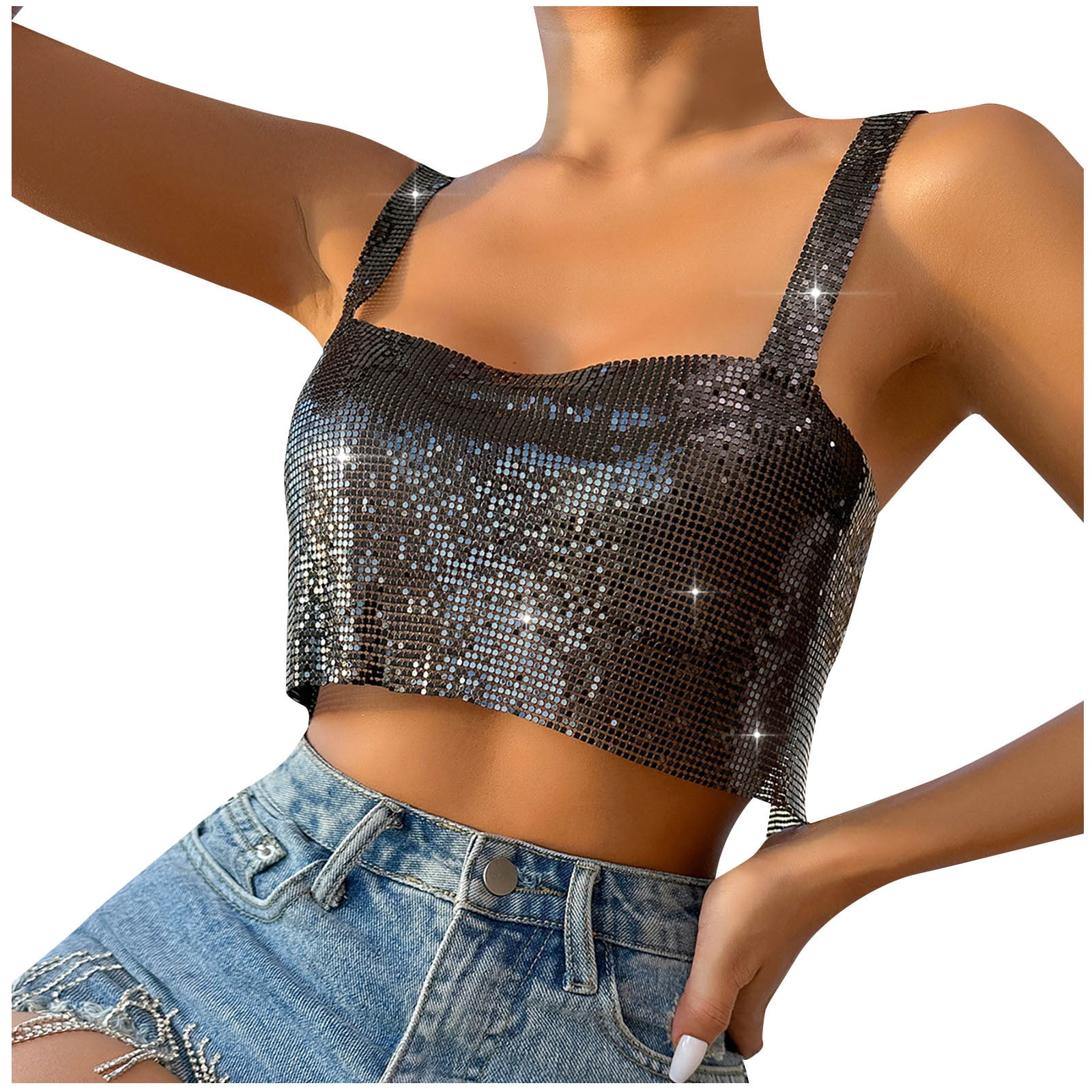Honeeladyy Sequin Crop Tank Tops for Women Sparkly Sleeveless