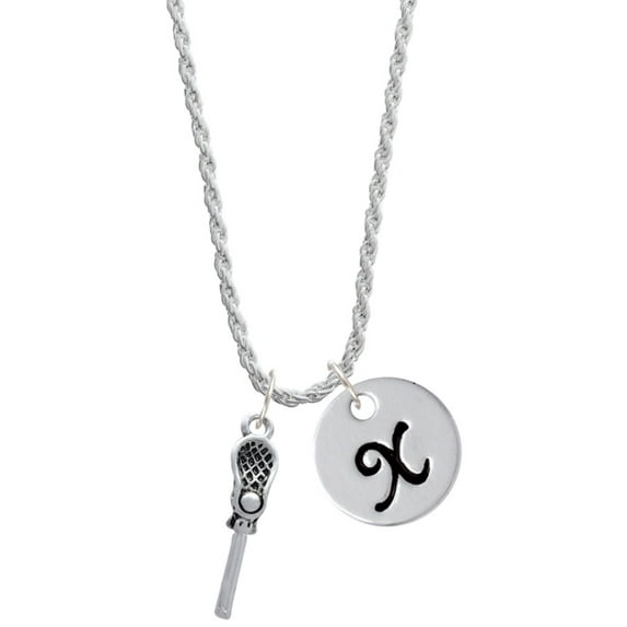 Delight Jewelry Silvertone 3-D Lacrosse Stick and Ball Silvertone Script Initial Disc - X - Charm Necklace, 20"+3"